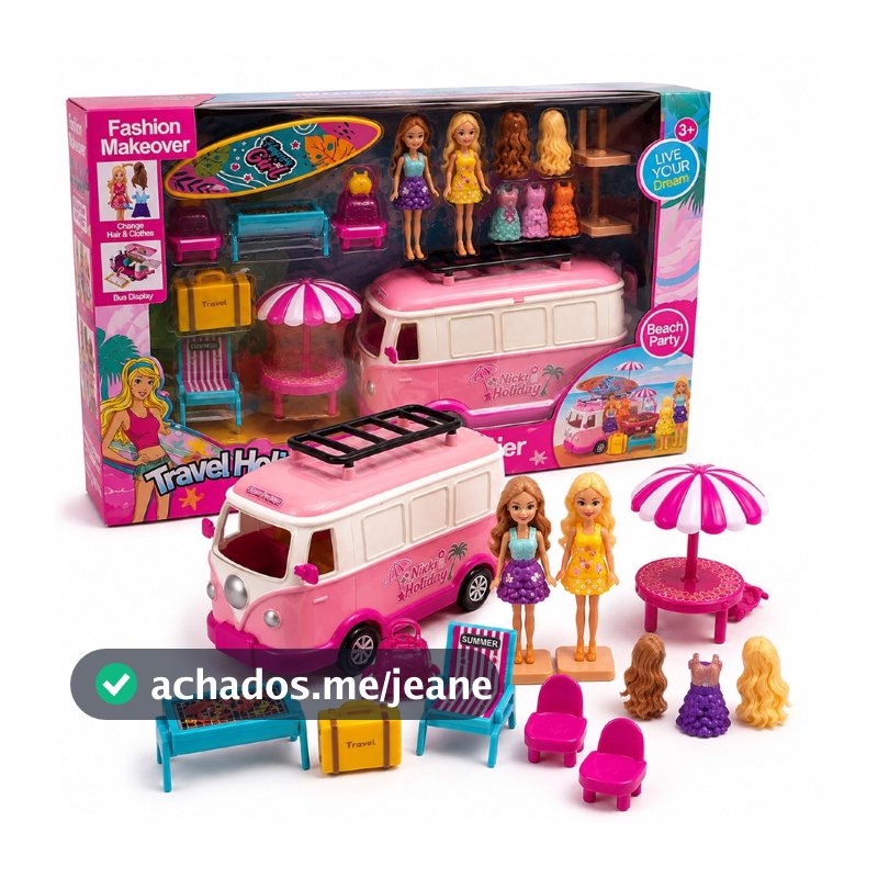 Boneca com Acessórios Kombi 25 Peças Troca Roupa Cabelo Casinha Infantil Completa Presente