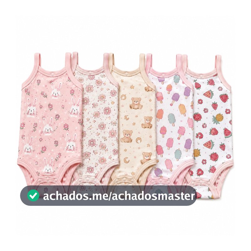 Kit 5 Bodies Regata Alcinha Bebê Menina Estampado Suedine 100% Algodão Tamanhos P M G