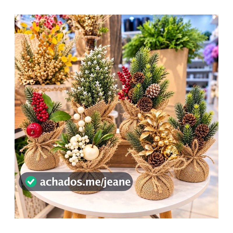 Kit Arranjo Natalino Nevado com Juta Mini Pinheiro Decorativo Enfeite de Natal para Árvore, Casa Mesa e Decoração