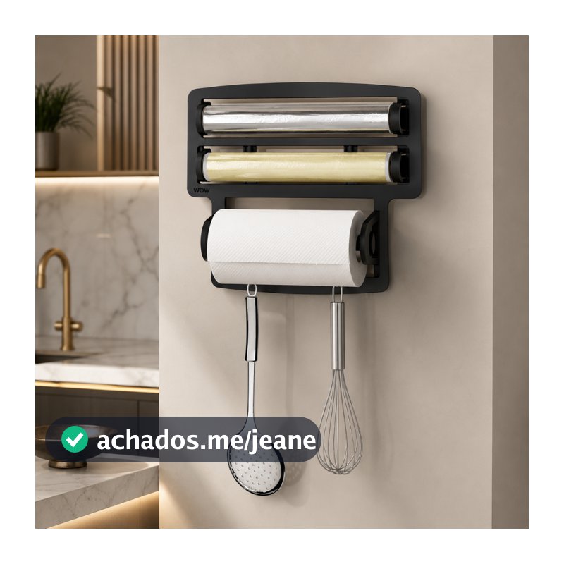 Porta Papel Toalha Triplo Suporte Preto Rolos Para Cozinha 3 em 1