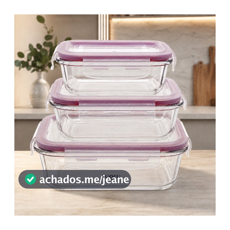 Kit 3 Potes De Vidro Herméticos com Trava para Alimentos Refratário