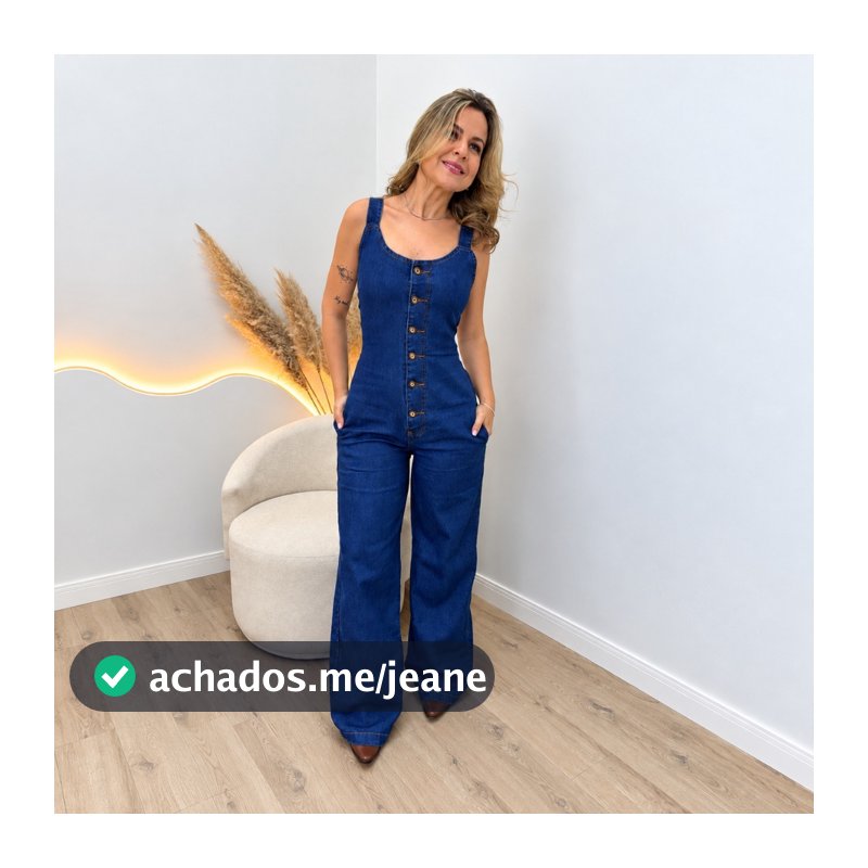 Macacão Jeans Feminino Pantalona Wide Leg Selena com Botões e Lastex
