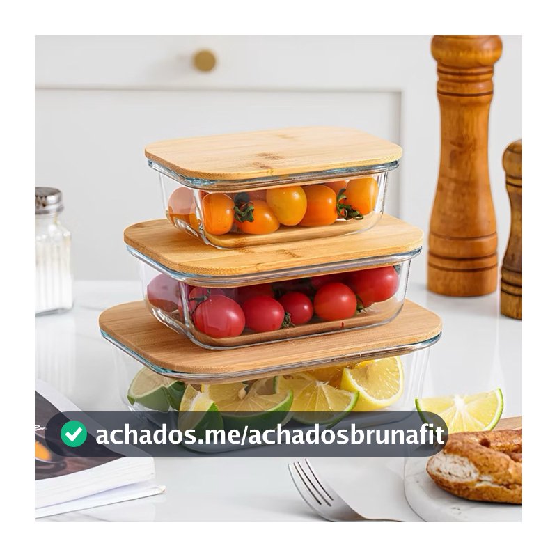 Kit 3 Potes de Vidro Com Tampa de Bambu  Organizador de Geladeira Marmita Forno Microondas e Freezer- envio rápido