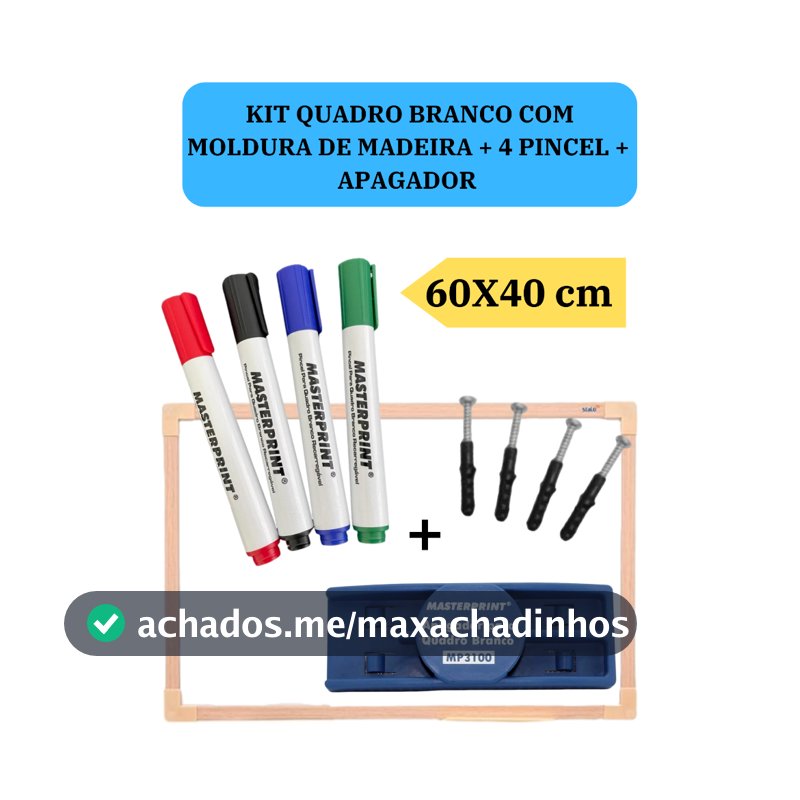 Lousa Branca Quadro Branco 60x40cm + 4 Pincel Marcadores  + 1 Apagador Didática Média