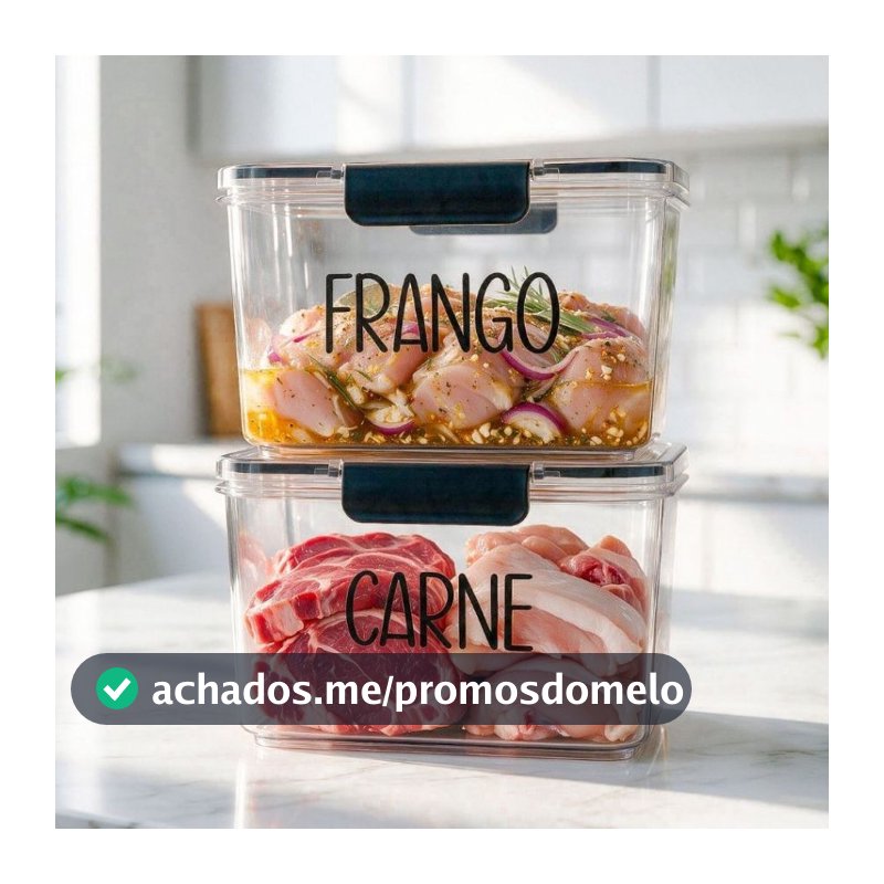 Kit Organizador Carne e Frango de Geladeira 1,9L - Pote Hermético com Etiqueta | Avulso ou Kit