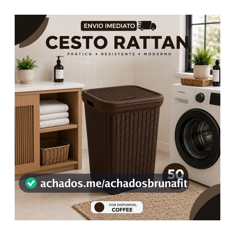 Cesto Rattan 50 Litros Coffee com Tampa Organizador Multiuso Resistente