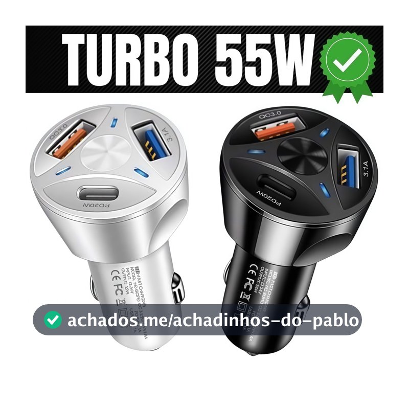 Carregador Veicular Universal Turbo com 3 USB e 1 Porta QC3.0, Carregamento Rápido para Celulares