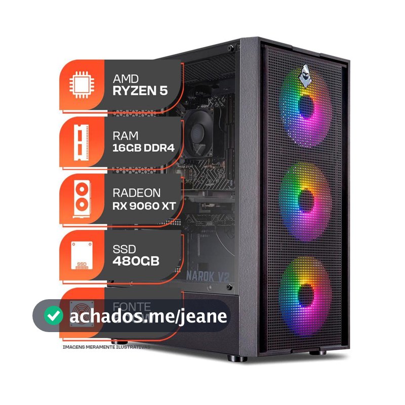 PC Gamer Titan Pro, AMD Ryzen 5 5500, RX 9060 XT 8GB, 16GB DDR4, SSD 480GB, 600W 80 Plus