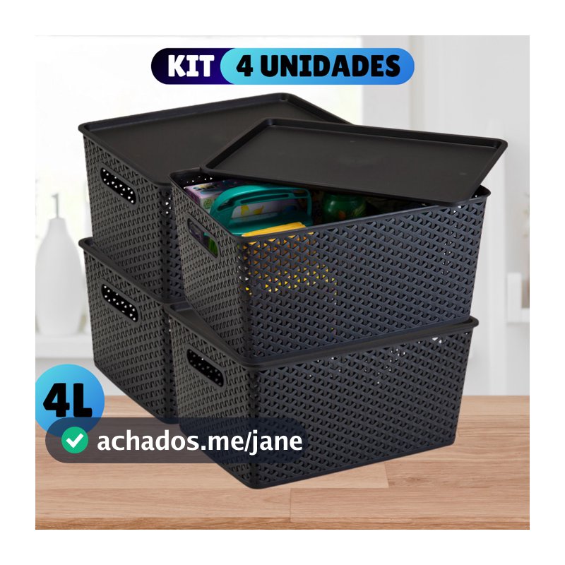 Kit Com 4 Cesto Caixa Organizadora Rattan Com Tampa  4 Litros Preto