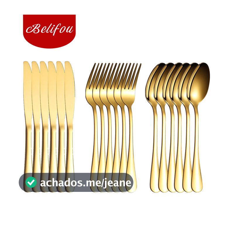 Belifou Kit 18 Jogo De Talheres Para Bife Aço Inoxidável Dourados Fork Spoon Knife Table Spoon