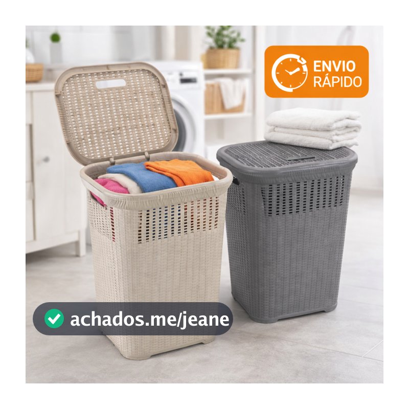 Cesto de Roupa Rattan 50L com Tampa Basculada Grande Lavanderia Premium