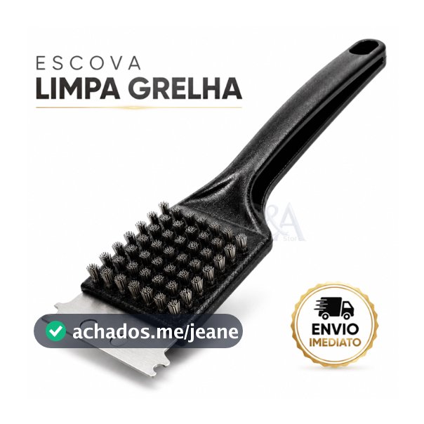 Escova Limpa Grelha Churrasqueira com Raspador Aço Inox e Cerdas de Aço Resistente