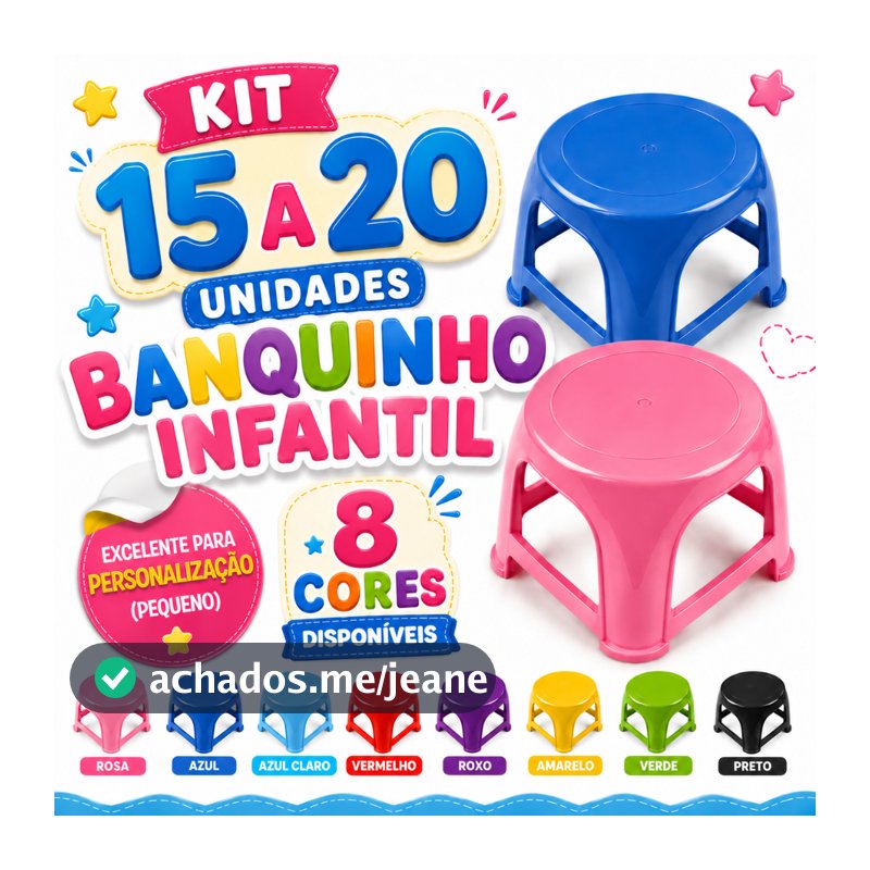 Banquinho Infantil Plástico Reforçado Para Personalização Suporta até 25kg 17cm 8 Cores Disponíveis