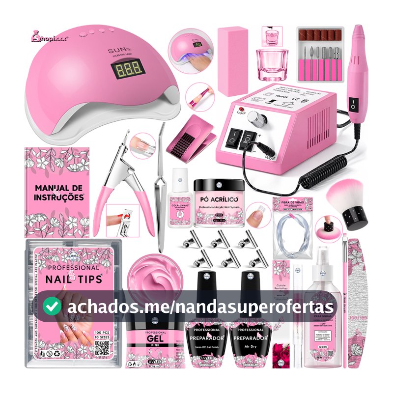 Kit Unha Gel Completo Lixadeira Elétrica Cabine Sun 5 Alongamento Unhas Tips Copo Dappen Fibra Prep
