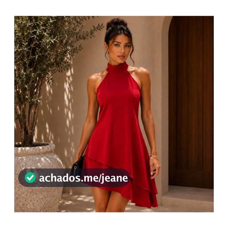 Vestido Curto Gola Alta Frente Única Festa Assimétrico Leve Casual Duna Leve Não Amassa
