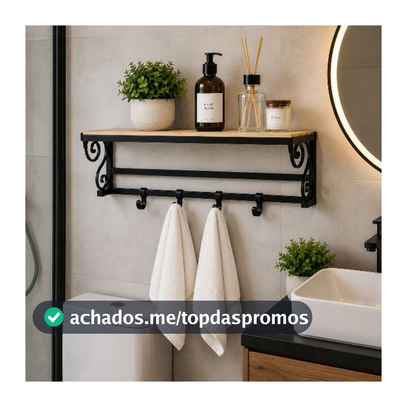 Suporte Para Banheiro Rustico 60cm Madeira Pinus Ferro Preto 4 Ganchos
