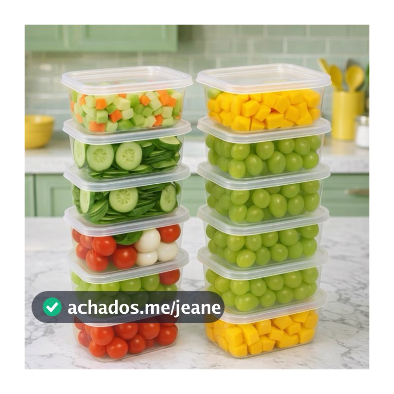 Kit Marmitas Potes Retangulares 300ml Transparente Bpa Free Freezer Microondas Organizador De Alimentos