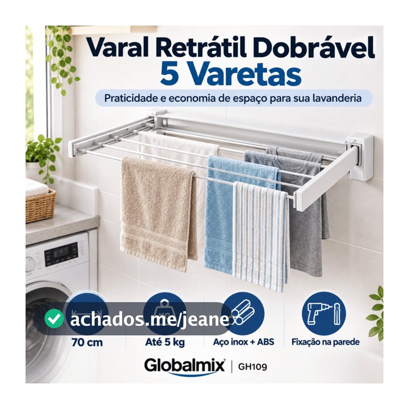 Varal Mágico Retrátil Dobrável de Parede 70cm 5 Varetas Aço Inox Branco Até 5kg