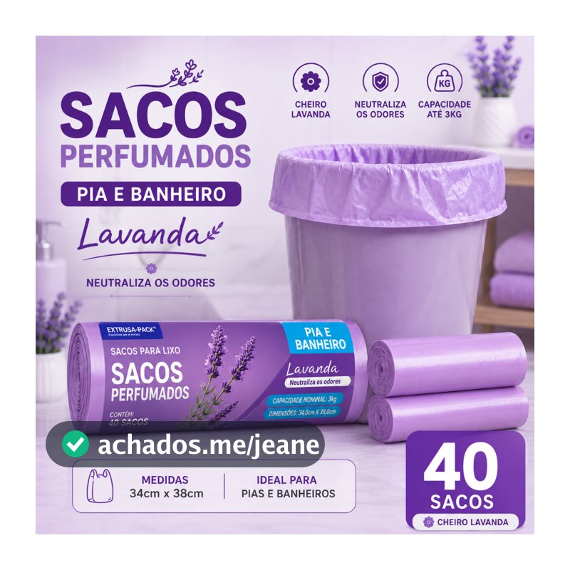 Saco de Lixo Perfumado Lavanda 40 Unidades 34x38cm para Banheiro Pia Lixeira até 3kg