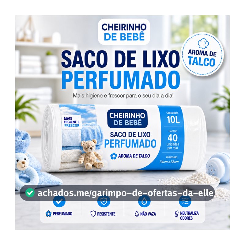 Saco de Lixo Perfumado Aroma Talco 10L 40 Sacos 34x38cm Pia Banheiro Anti Odor Mau Cheiro Resistente