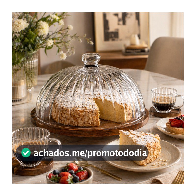 Porta Bolo 29cm Boleira Grande Cúpula Cristal Base Em Madeira Acácia Montecarlo Hauskraft Premium