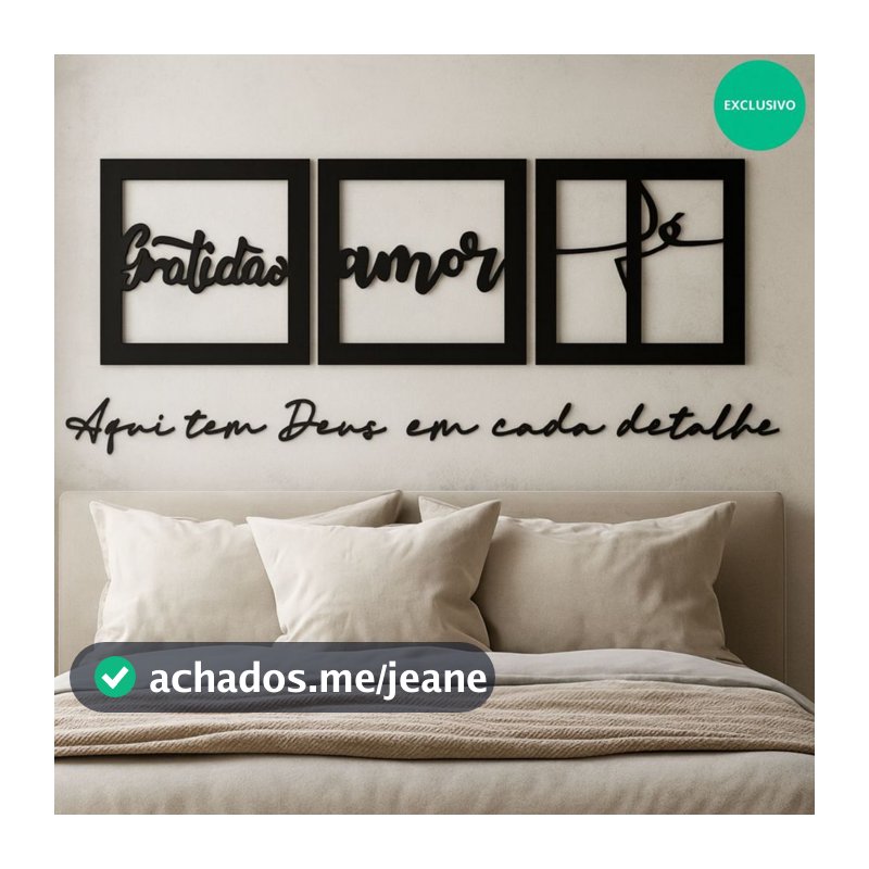 Kit 3 Quadros Decorativos Quarto Amor Fé Gratidão + Frases Variadas Cabeceira Parede Sala