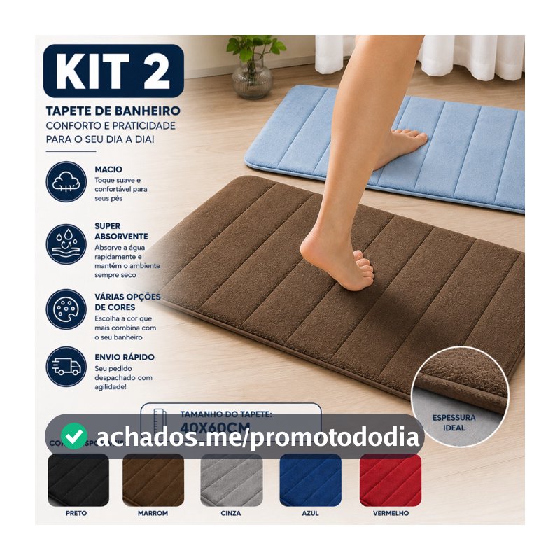 Kit com 2 Tapete Antiderrapante Absorvente Banheiro Quarto Macio Soft Secagem Rapida 60x40