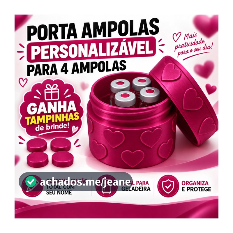 Porta Ampolas | Pote Organizador Com Corações para 4 Ampolas | Personalizável + Tampinhas de Brinde