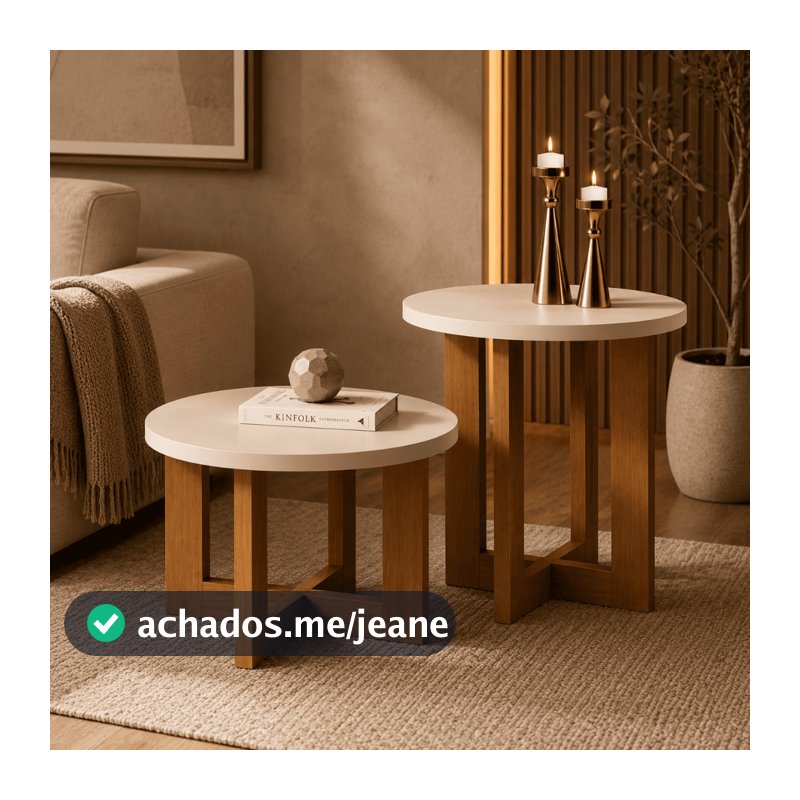 Conjunto com 1 Mesa Lateral e 1 Mesa De Centro Redonda Madeira Estilo Retrô Sala De Estar Decoração