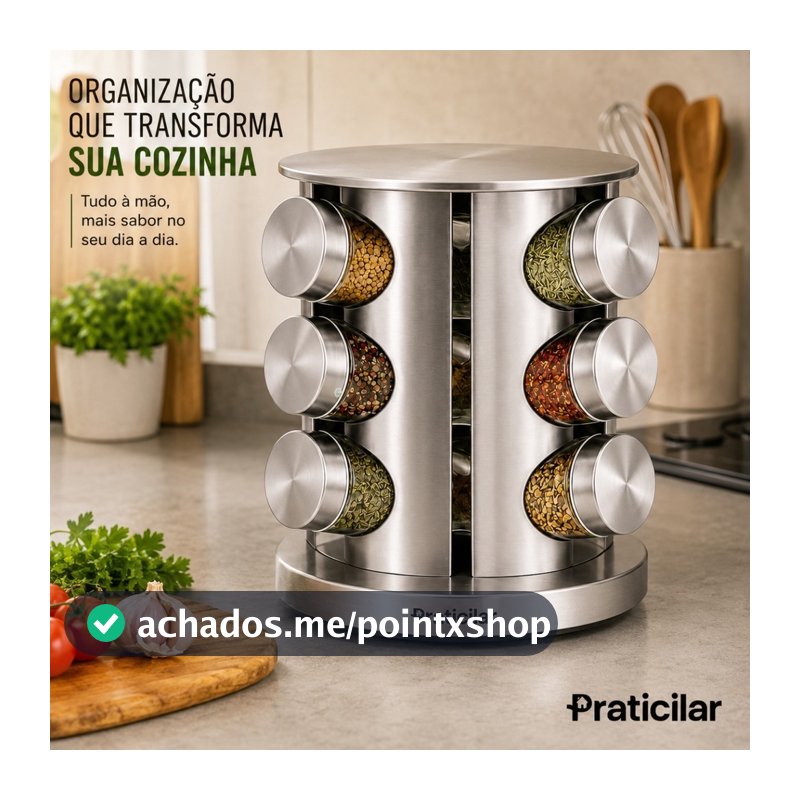 Porta Tempero Giratório 360 Com 12 Potes Vidro Suporte Inox Condimento Cozinha Formato SORTIDO