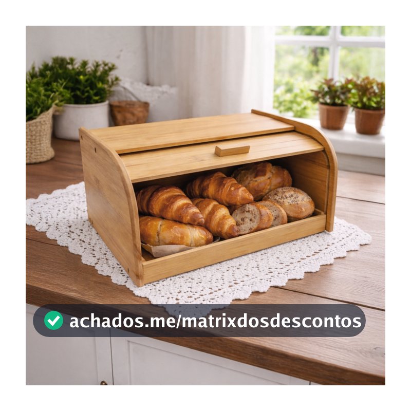 Porta Pão Bambu Com Tampa Retrátil Cesta Para Pães E Bolos