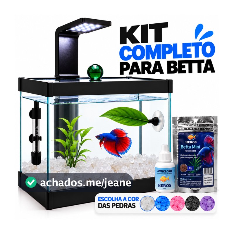 Aquário Completo Beteira - Aquário + Luminária + Decorações+ Ração e Anticloro Betta + Aquecedor Opcional