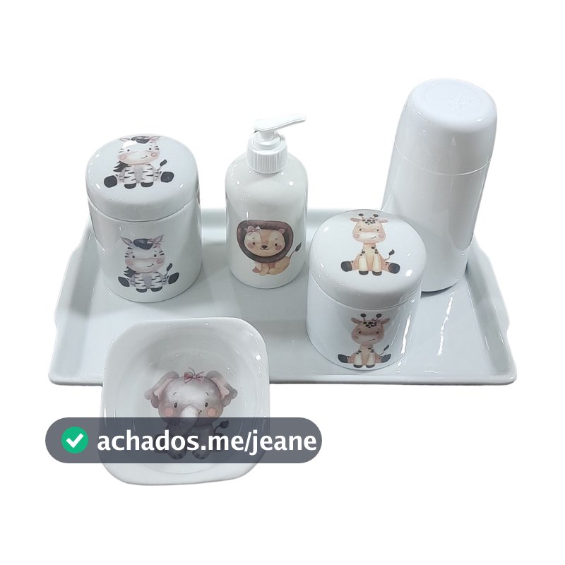 Kit higiene bebê Safari 6 peças - MENINA - bandeja, potes, porta álcool e molhadeira - Peças Porcelana