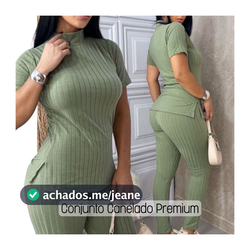 Conjunto Feminino Canelado Calça e Blusa Malha Com Elastano Premium