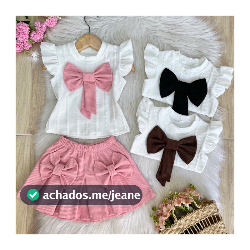 Conjunto Veludo Moda Infantil Para Meninas Blusa + Saia com Laços Look Delicado e Elegante Verão