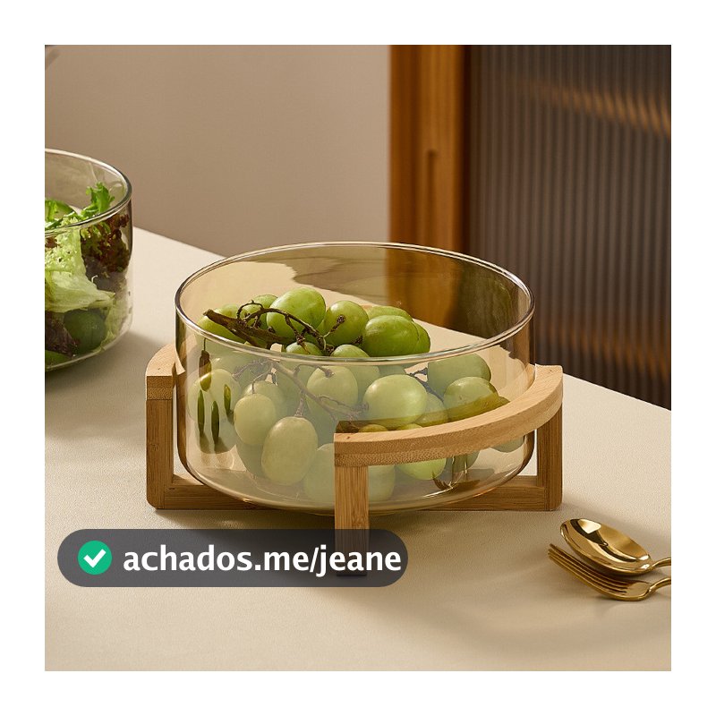 Saladeira De Vidro 1.8L/2.8L/3.8L Com Suporte De Madeira-Tigela Grande Para Servir Salada , Frutas Bambu Natural