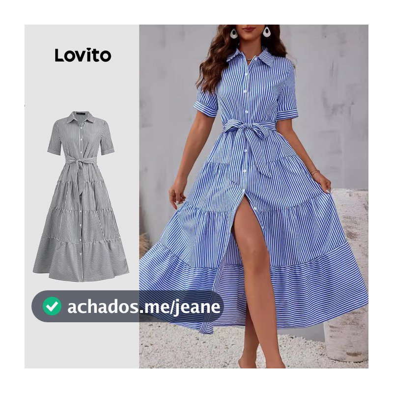 Lovito Casual Vestido Listrado Solto Azul Longo Botão Frontal E Cinto Para Mulheres LNL79306