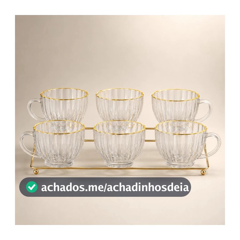 Jogo 6 Xícaras Café e Cha 100ml De Vidro Borda Fio De Ouro Elegante