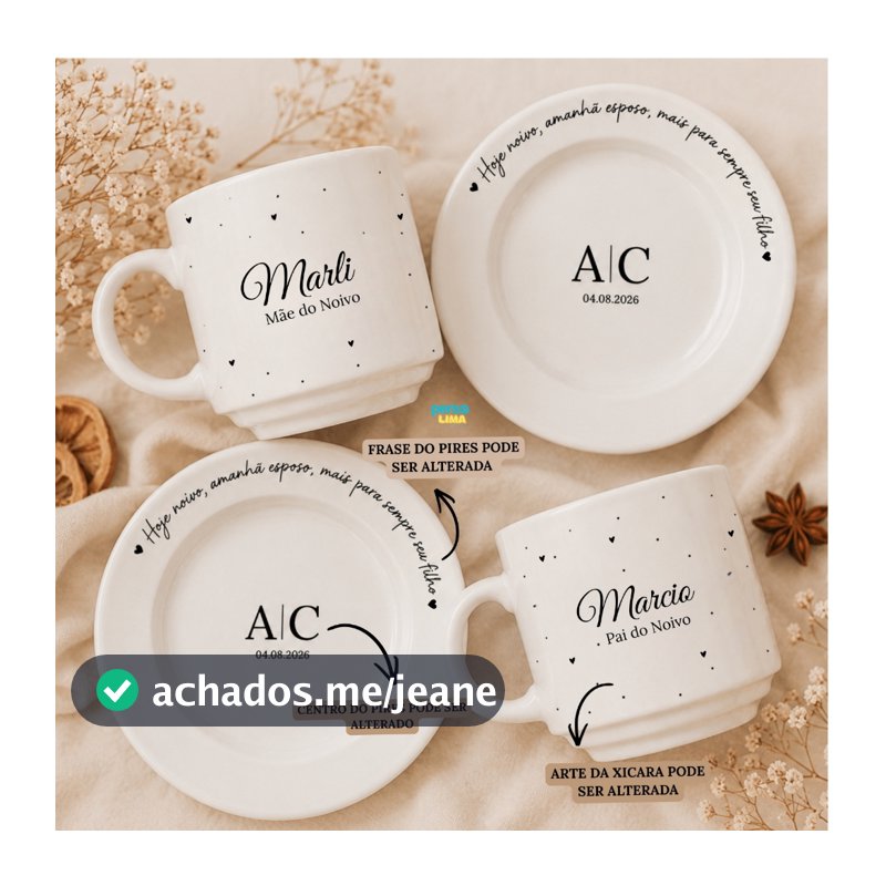 Kit Xícaras com Pires Personalizadas com Nome | Presente para Padrinhos de Casamento, Madrinha e Dindos | 180ml