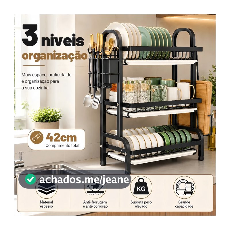 Escorredor Organizador de Louças 3 andar Preto Aço Inoxidável Rack
