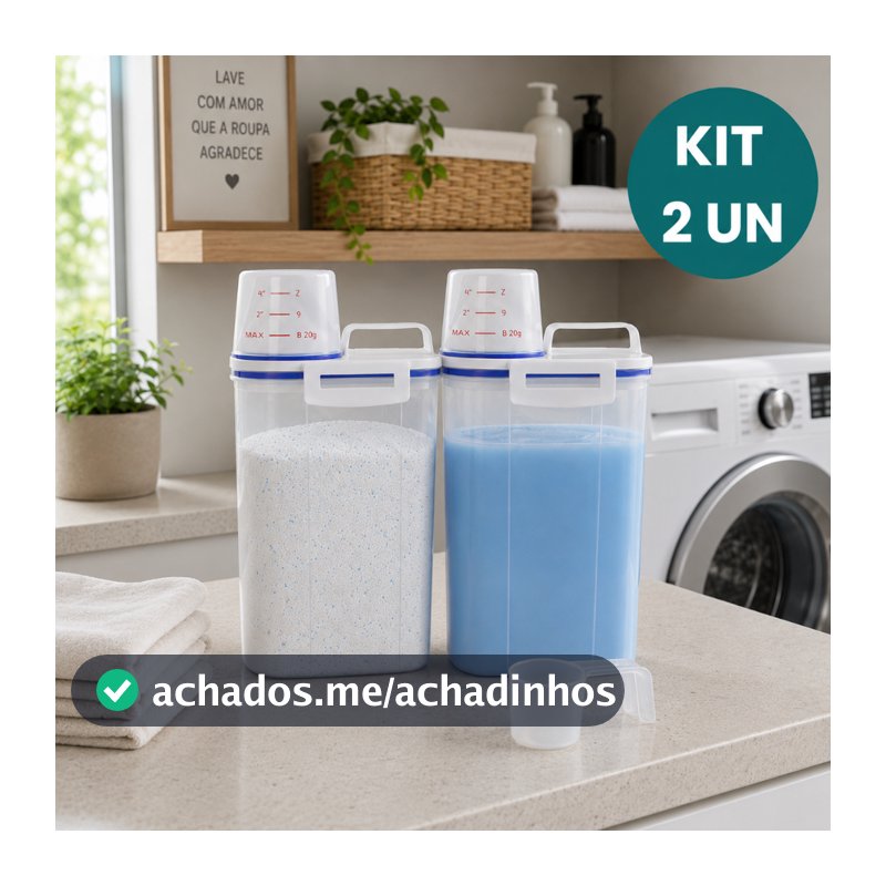 Kit 2 Potes Herméticos 2L Lavanderia Copo Medidor Bico Dosador Porta Sabão em Pó Amaciante Produtos de Limpeza