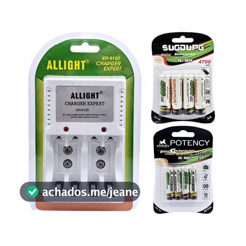 Kit Carregador De Pilhas AA/AAA/Bateria 9v Recarregáveis