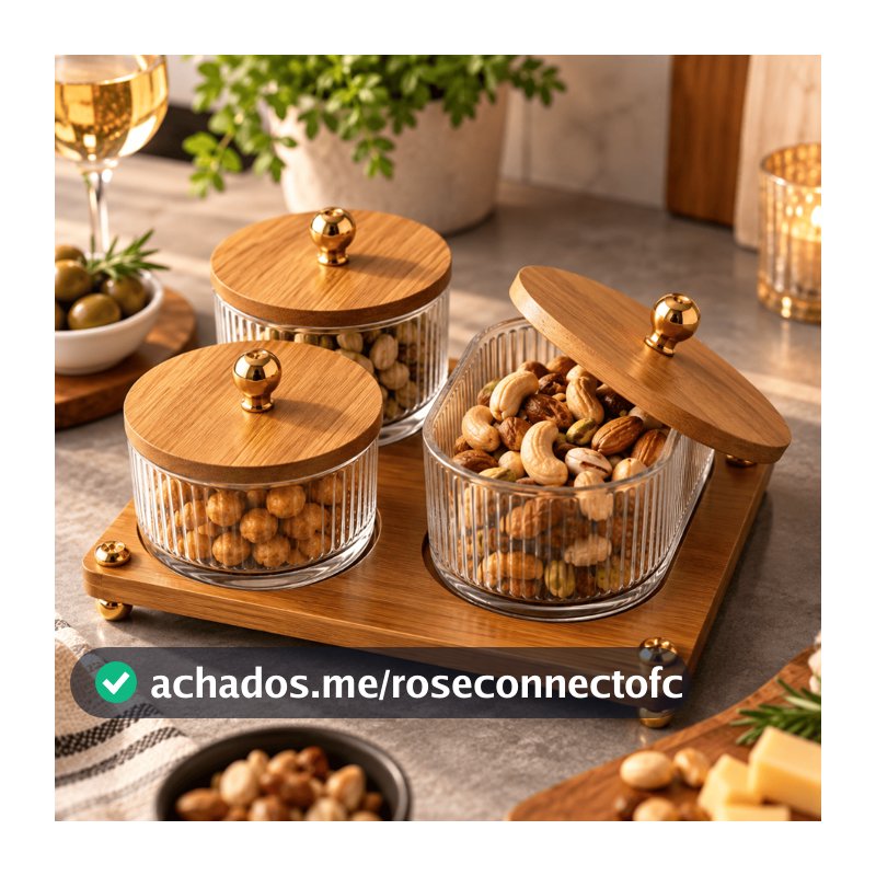Kit Petisqueira 3 Potes de Vidro com Tampa Bambu e Bandeja para Petiscos