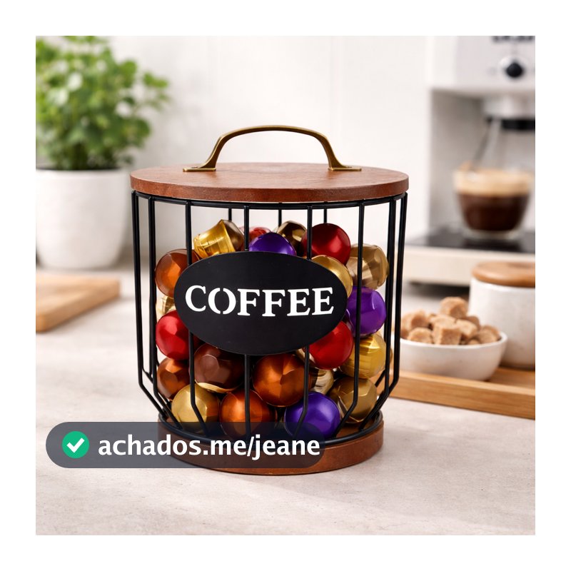 Porta Cápsulas de Café com Tampa – Ferro e Madeira 16,5x19cm para Cantinho do Café Até 25 Cápsulas
