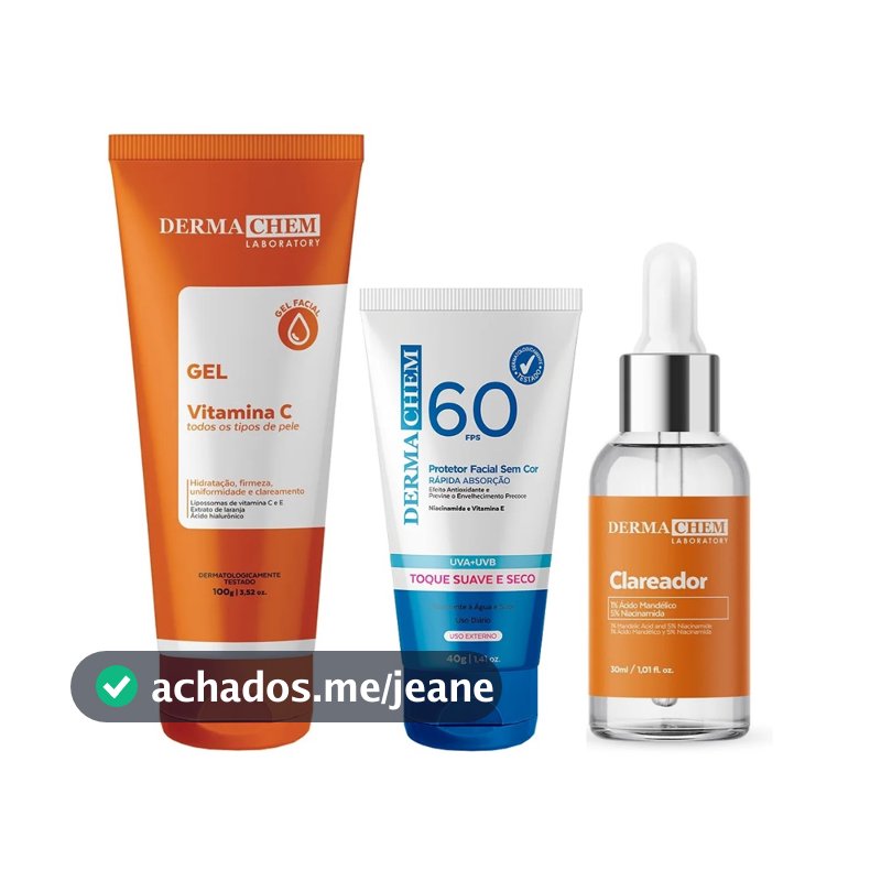 Dermachem Kit Serum Clareador Protetor Facial Gel Anti-Idade Vitamina C Hidrata Clareamento Firmeza