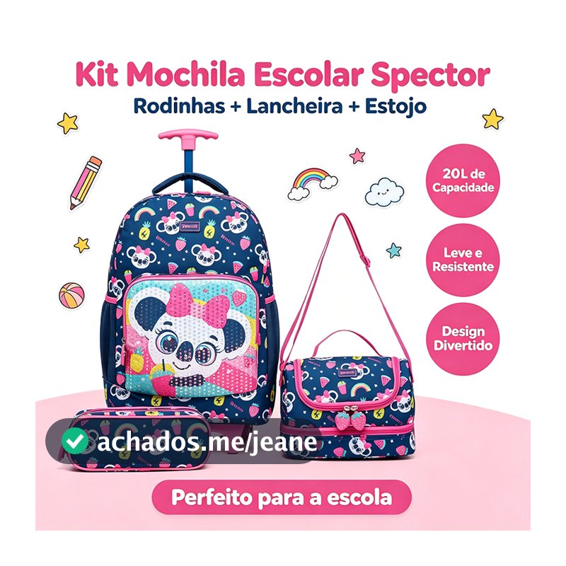 Kit Completo Mochila Rodinhas Lancheira Estojo Panda Escolar Menina Infantil Spector