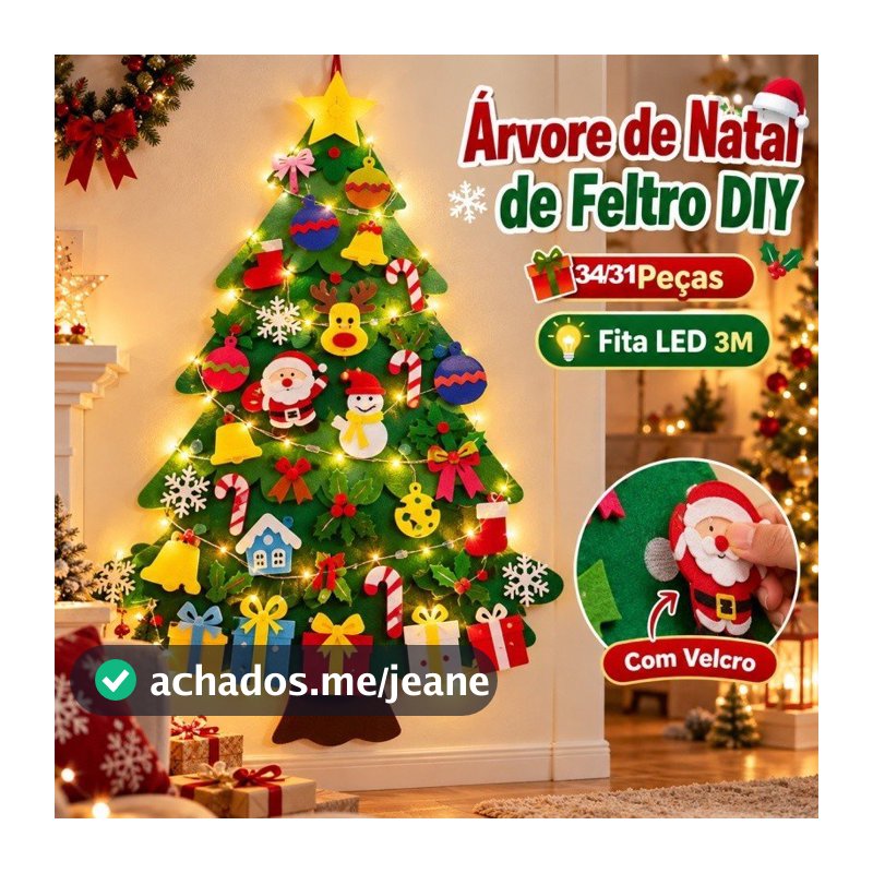 Árvore De Natal De Feltro Kit DIY 31/34 Peças Luz LED Infantil Enfeite Parede Presente Criativo Decoração Reutilizável