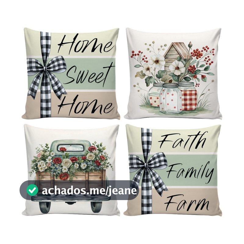 Kit 4 Capas de Almofadas Decorativas 45x45cm Farmhouse Xadrez Floral Home Sweet