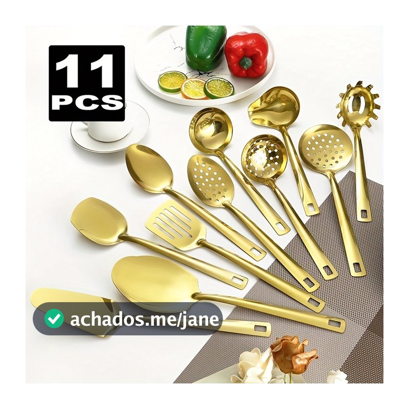 Kit 11 Peças Utensílios de Cozinha Dourado aço inoxidável Espátula Colher Concha Escumadeira Pegador de Pizza