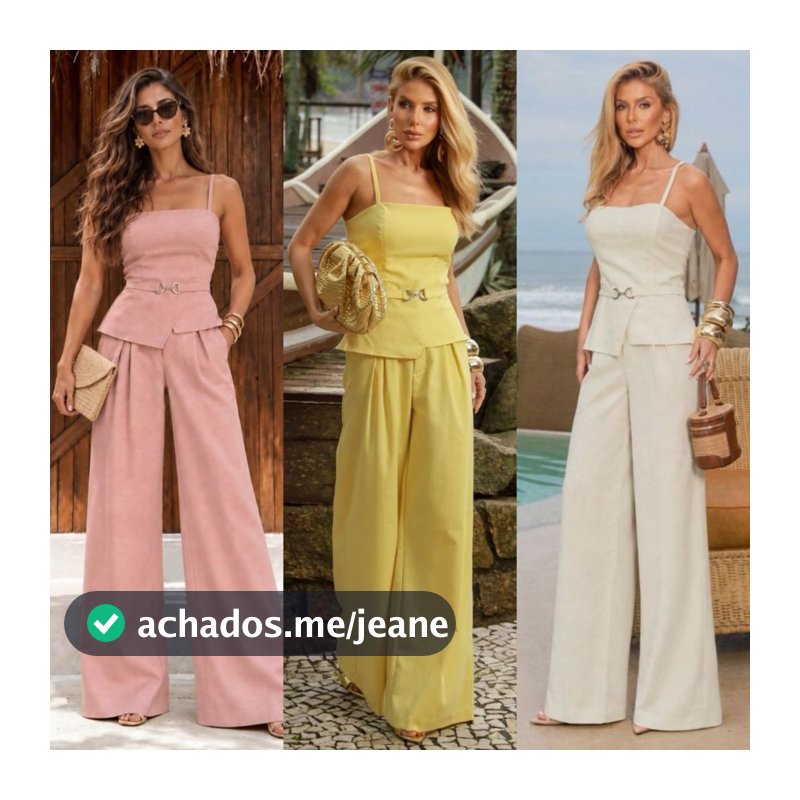 Conjunto Feminino Linho Calça Pantalona e Blusa Assimétrica com Fivela em Metal Prata